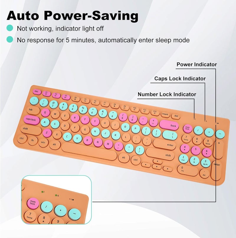 GUKJOB Wireless Keyboard and Mouse Combo, Retro Typewriter Keyboard with Round Keycaps, 2.4GHz USB Cute Wireless Keyboard Mouse for Computer, Desktop, Laptop and Computer (Orange Colorful) - Image 3